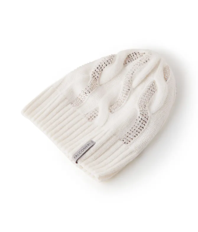 Berretto con trecce e strass in Cashmere Ultrasoft