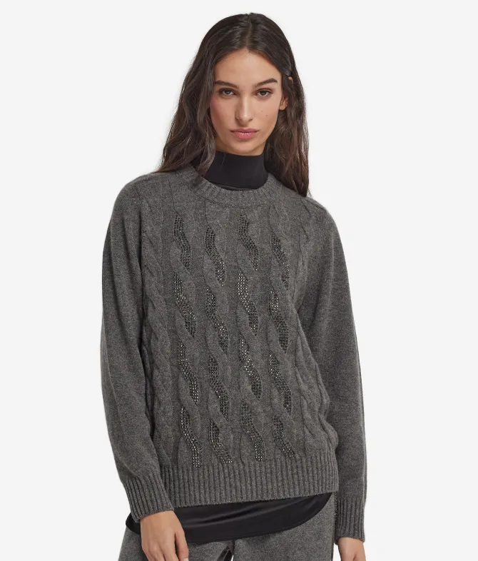 Girocollo con trecce e strass in Cashmere Ultrasoft