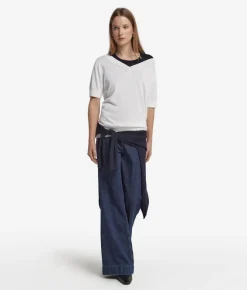Maglia con Scollo a V a Maniche Corte in Seta Cotone