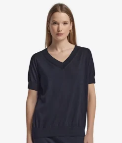 Maglia con Scollo a V a Maniche Corte in Seta Cotone