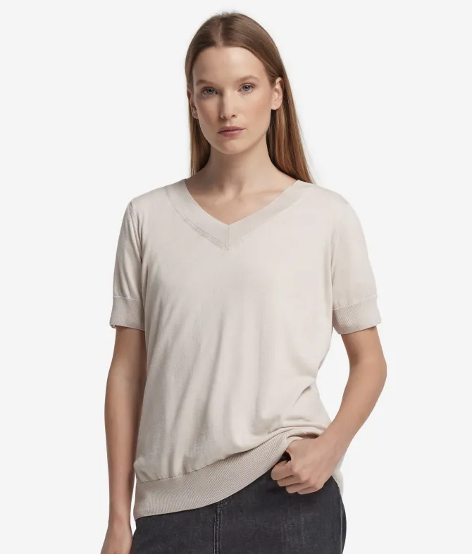 Maglia con Scollo a V a Maniche Corte in Seta Cotone
