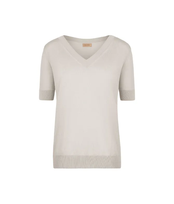Maglia con Scollo a V a Maniche Corte in Seta Cotone