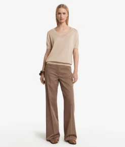 Maglia con Scollo a V a Maniche Corte in Seta Cotone