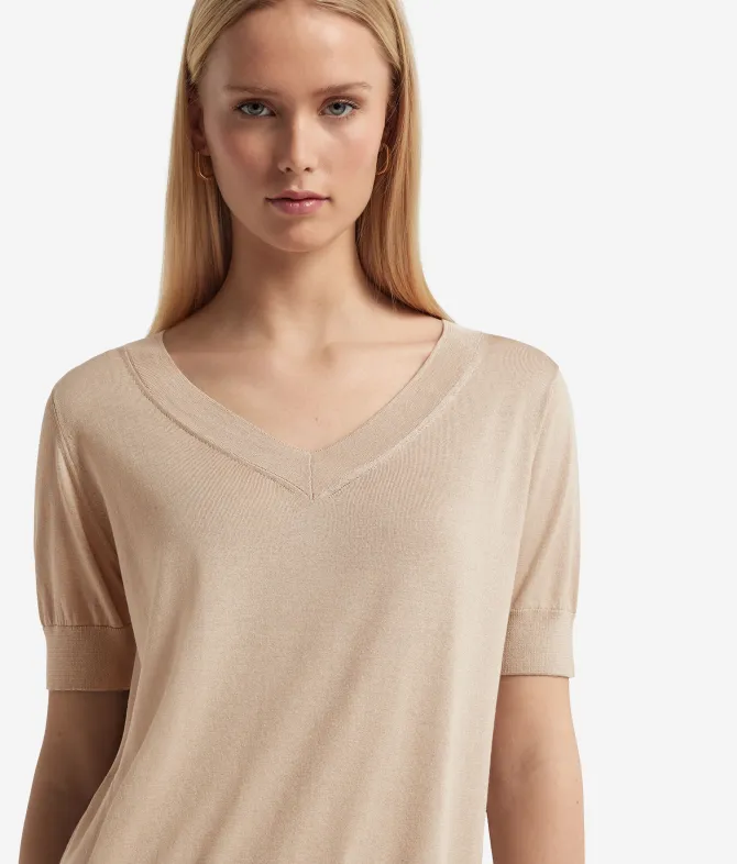 Maglia con Scollo a V a Maniche Corte in Seta Cotone