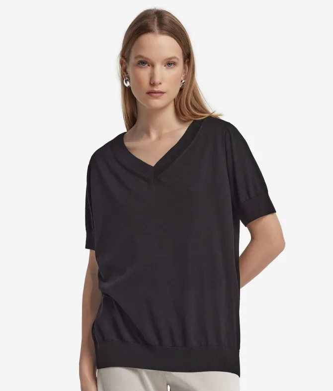 Maglia con Scollo a V a Maniche Corte in Seta Cotone