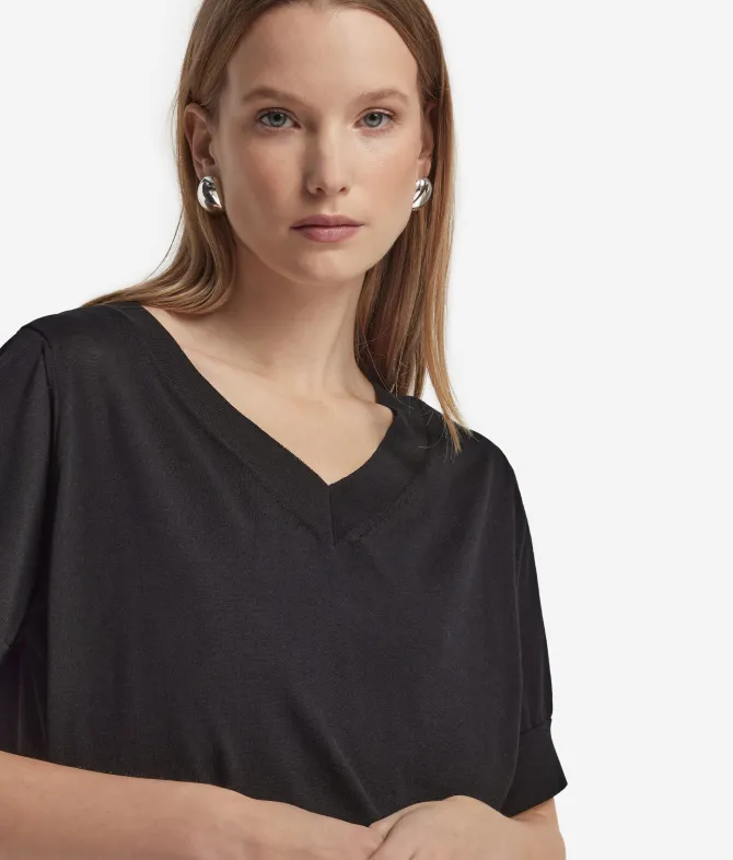 Maglia con Scollo a V a Maniche Corte in Seta Cotone