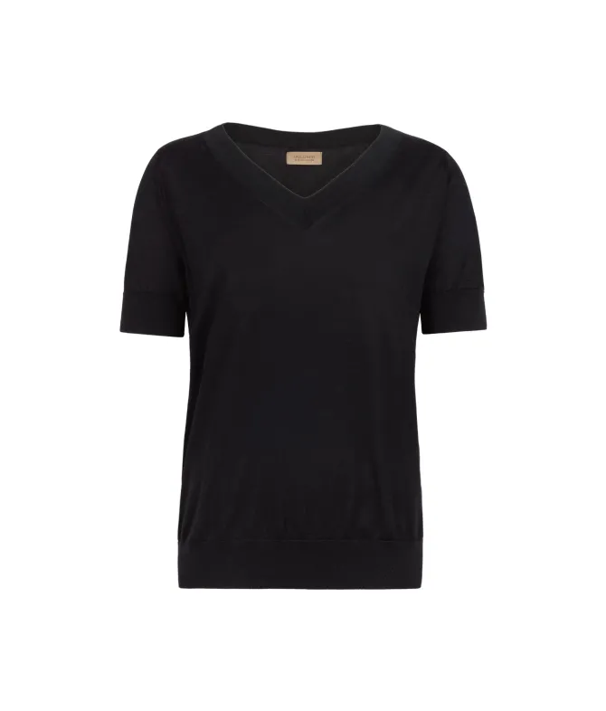 Maglia con Scollo a V a Maniche Corte in Seta Cotone