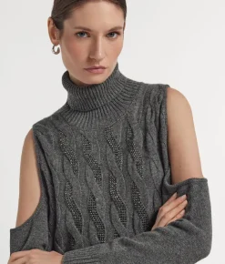 Maglia cut out con trecce e strass in Cashmere Ultrasoft