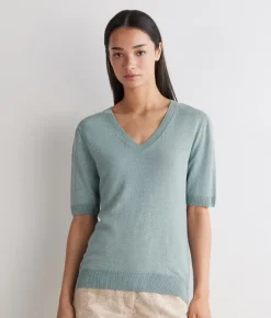 T-shirt con scollo a V in lino e cotone