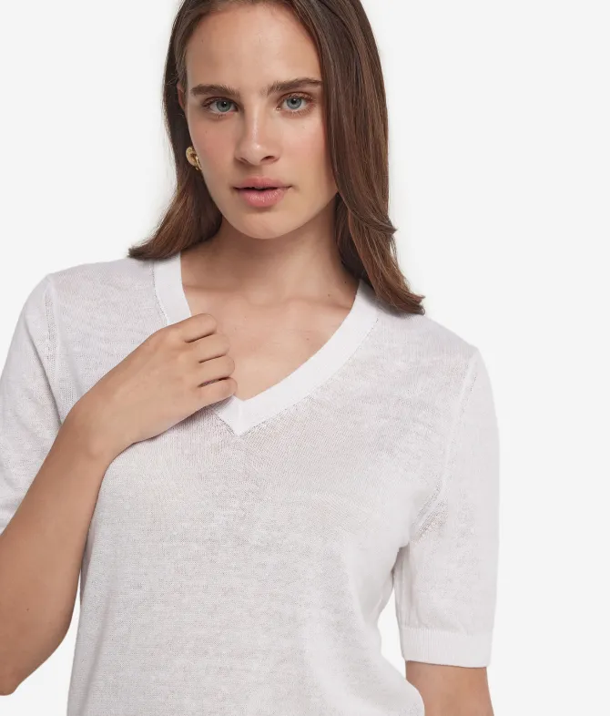 T-shirt con scollo a V in lino e cotone