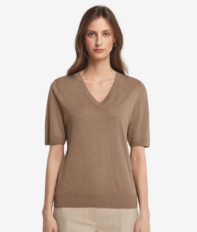 T-shirt con scollo a V in lino e cotone