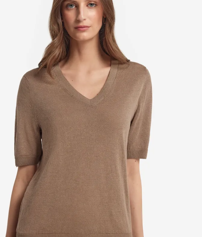 T-shirt con scollo a V in lino e cotone