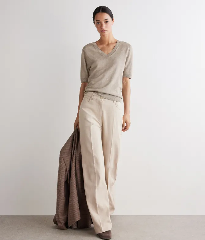 T-shirt con scollo a V in lino e cotone