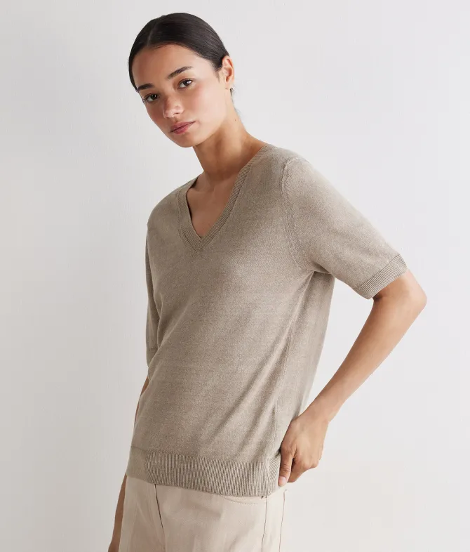 T-shirt con scollo a V in lino e cotone