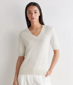 T-shirt con scollo a V in lino e cotone