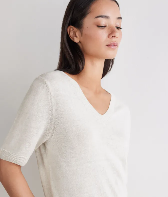 T-shirt con scollo a V in lino e cotone