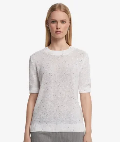 T-shirt girocollo con micro paillettes in lino cotone