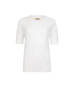 T-shirt girocollo con micro paillettes in lino cotone