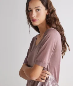 T-shirt scollo a V in seta